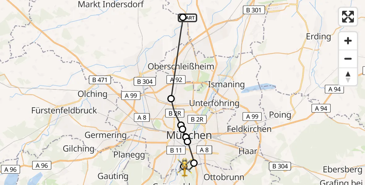 Flugroute Rettungshubschrauber Fahrenzhausen - ADAC Air Rescue Center Hubschrauberlandeplatz (Christoph 1), 01 Mai 2026, 12:05