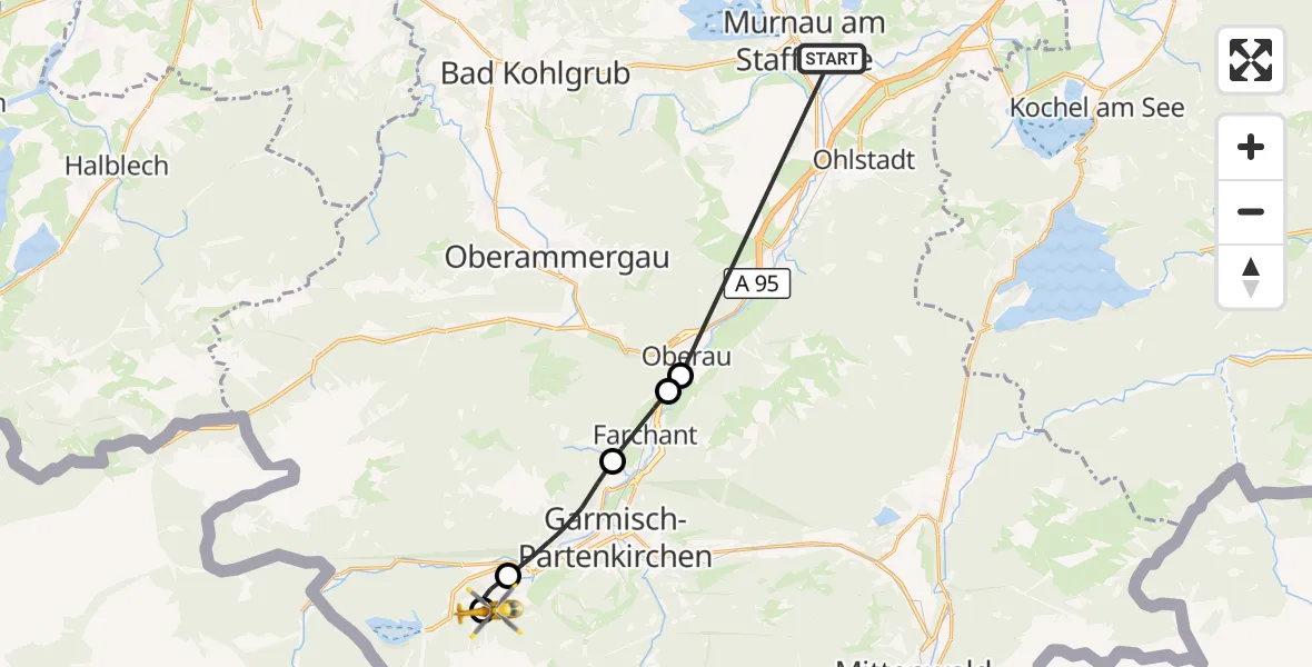 Flugroute Rettungshubschrauber Murnau Accident Hospital - Brandweg Hubschrauberlandeplatz, 01 Mai 2026, 12:06