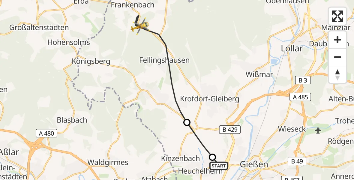 Flugroute Rettungshubschrauber Gießen - Biebertal, 01 Mai 2026, 12:10