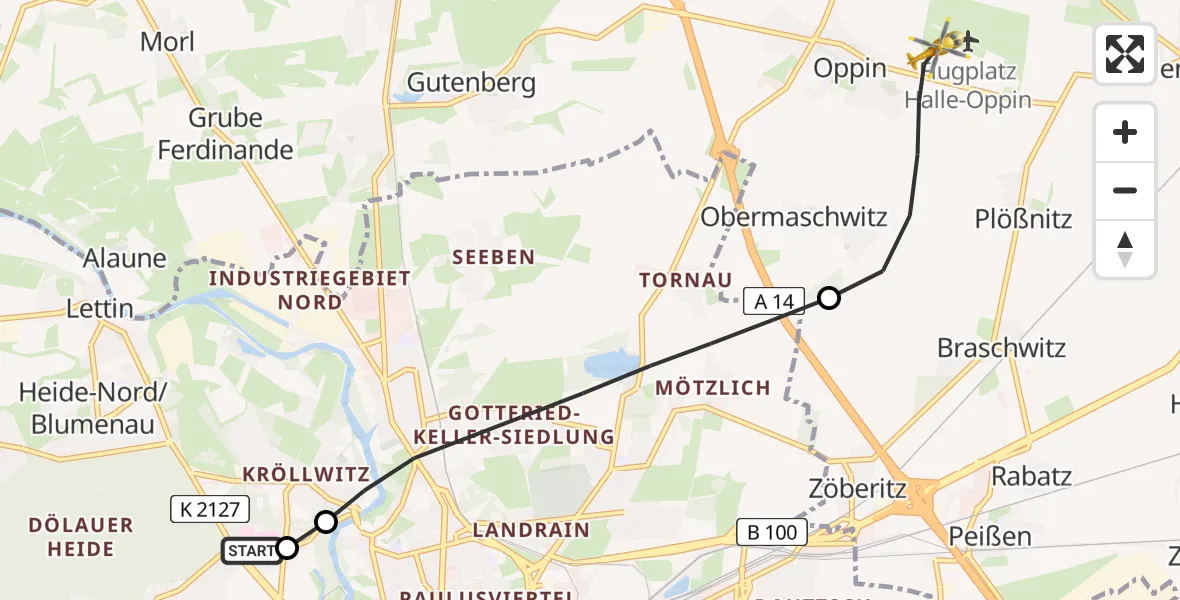Flugroute Rettungshubschrauber Halle (Saale) University Hospital - Halle-Oppin Flugplatz, 01 Mai 2026, 12:29
