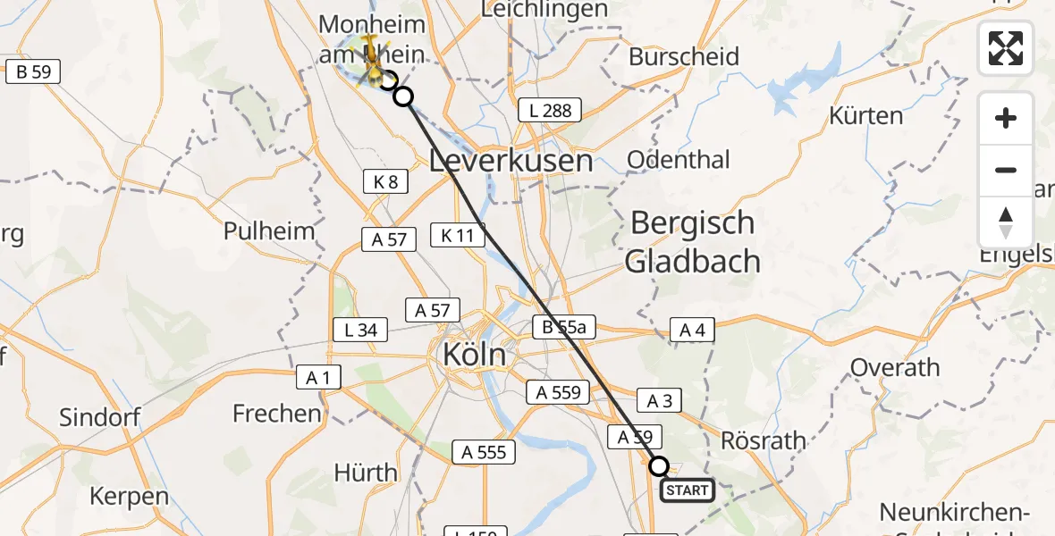 Flugroute Rettungshubschrauber Köln Bonn Flughafen - Monheim am Rhein, 01 Mai 2026, 12:37