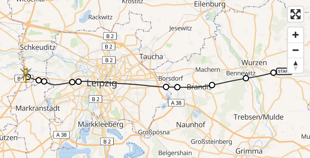 Flugroute Rettungshubschrauber Lossatal - ADAC Air Rescue Station Leipzig/Schkeuditz-Dölzig Hubschrauberlandeplatz (Christoph 61), 01 Mai 2026, 12:37