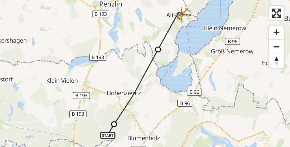 Flugroute Rettungshubschrauber Klein Vielen - Penzlin, 01 Mai 2026, 12:44