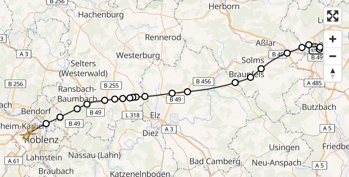 Flugroute Rettungshubschrauber Gießen University Hospital - Koblenz, 01 Mai 2026, 12:45