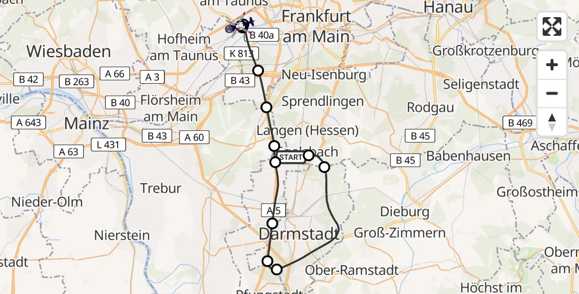 Flugroute Polizeihubschrauber Flughafen Frankfurt-Egelsbach - Frankfurt Höchst Hospital, 01 Mai 2026, 12:45