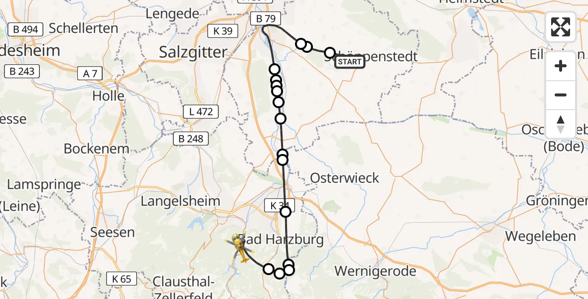 Flugroute Rettungshubschrauber Vahlberg - Harz (Landkreis Goslar), 01 Mai 2026, 12:48