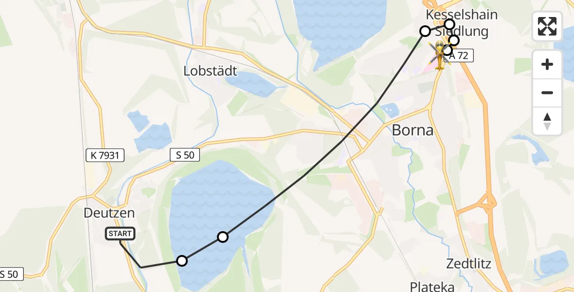 Flugroute Rettungshubschrauber Neukieritzsch - Sana Hospital Borna, 01 Mai 2026, 12:50