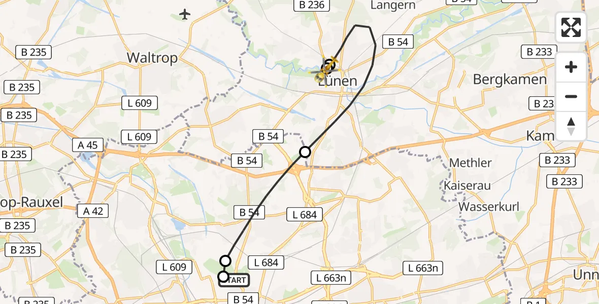 Flugroute Rettungshubschrauber Dortmund Hospital North - Sankt Marien Hospital, 01 Mai 2026, 12:54