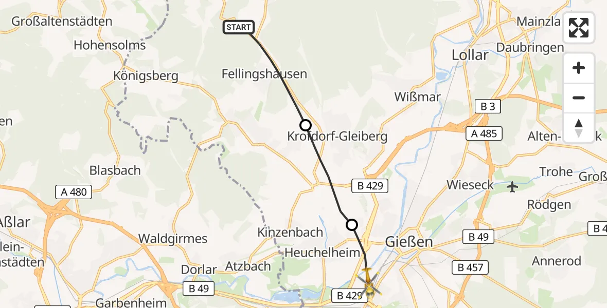 Flugroute Rettungshubschrauber Biebertal - Gießen, 01 Mai 2026, 12:55