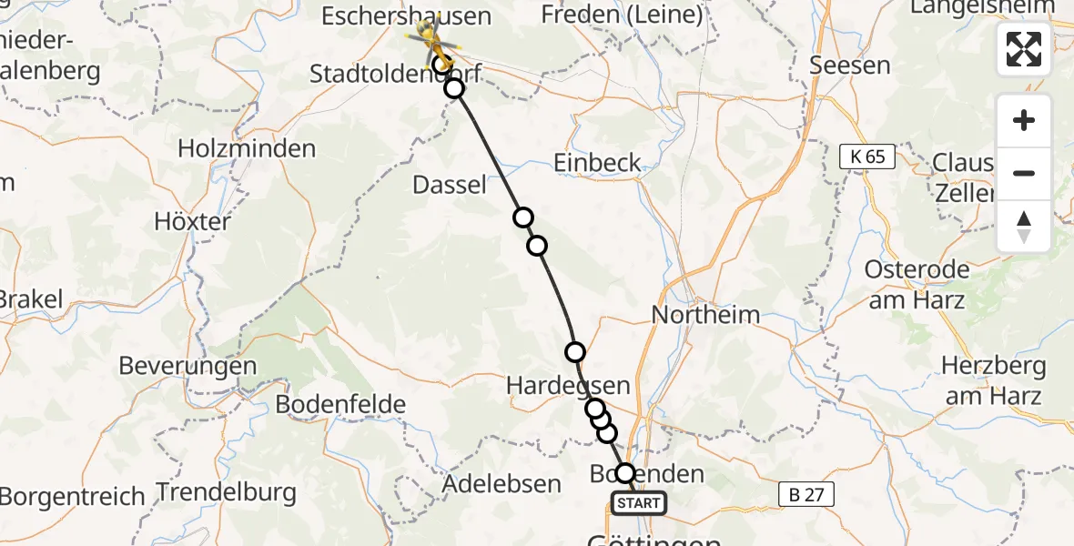 Flugroute Rettungshubschrauber Göttingen - Lenne, 01 Mai 2026, 13:10