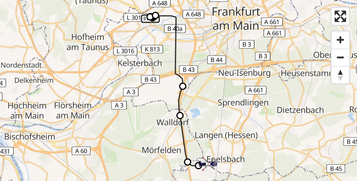 Flugroute Polizeihubschrauber Frankfurt Höchst Hospital - Flughafen Frankfurt-Egelsbach, 01 Mai 2026, 13:16