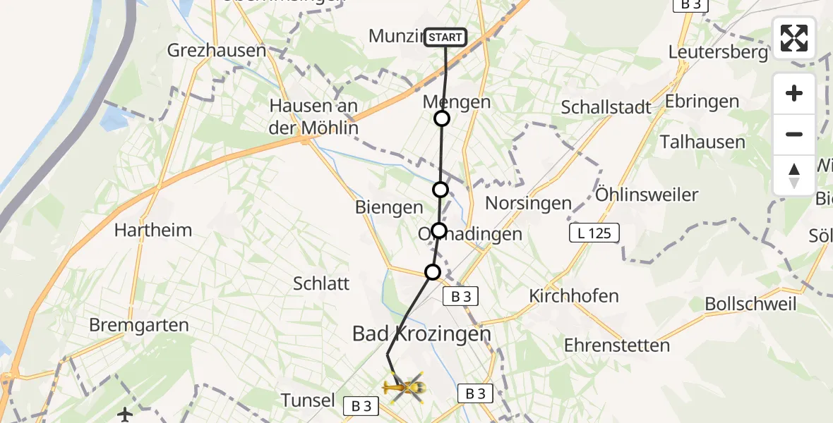 Flugroute Rettungshubschrauber Freiburg im Breisgau - Bad Krozingen, 01 Mai 2026, 13:17