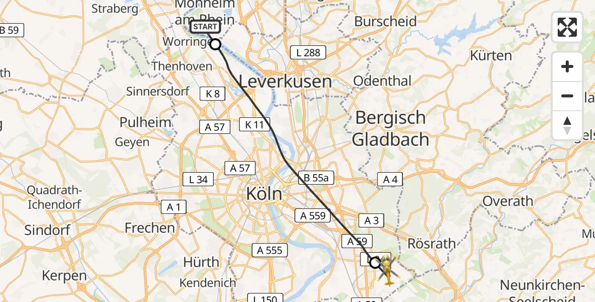 Flugroute Rettungshubschrauber Monheim am Rhein - Köln Bonn Flughafen, 01 Mai 2026, 13:18