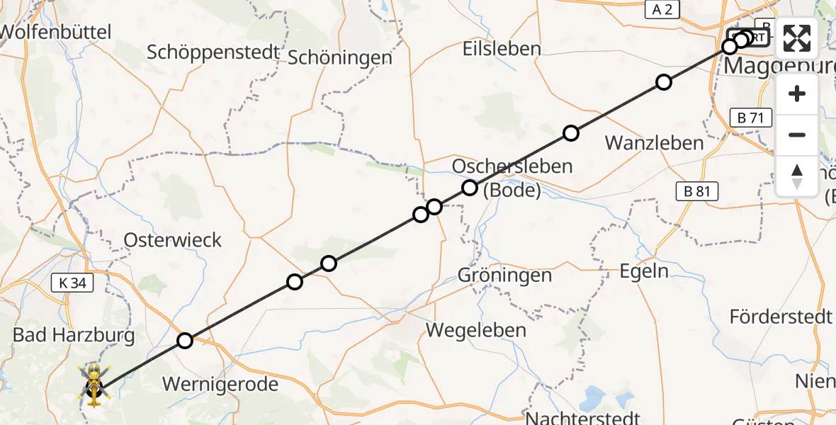 Flugroute Rettungshubschrauber Magdeburg Hospital - Ilsenburg (Harz), 01 Mai 2026, 13:19
