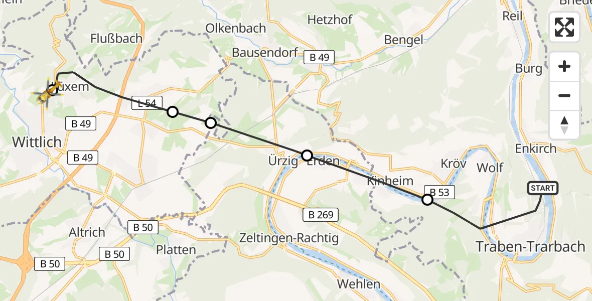 Flugroute Rettungshubschrauber Traben-Trarbach - Bernkastel/Wittlich Compound Hospital Heliport (Christoph 10), 01 Mai 2026, 13:19