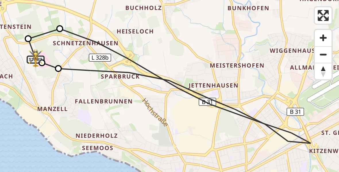 Flugroute Rettungshubschrauber Friedrichshafen Hospital - Friedrichshafen Hospital, 01 Mai 2026, 13:21