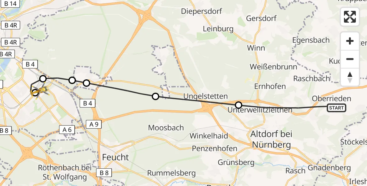 Flugroute Rettungshubschrauber Altdorf b.Nürnberg - Nürnberg South Hospital, 01 Mai 2026, 13:25