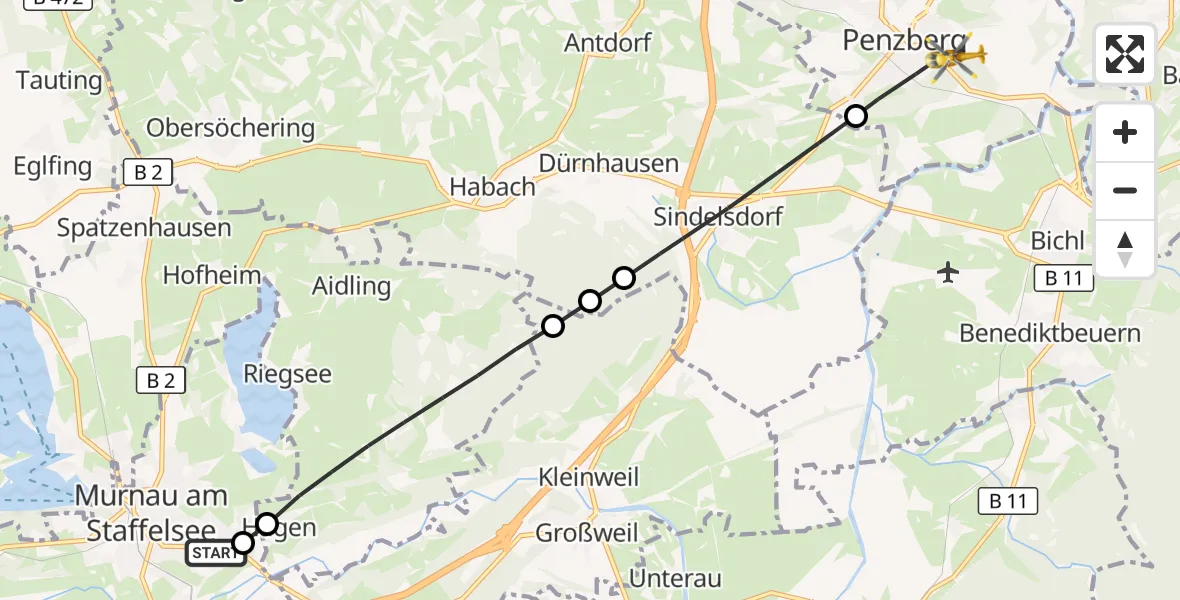 Flugroute Rettungshubschrauber Murnau Accident Hospital - Penzberg, 01 Mai 2026, 13:27