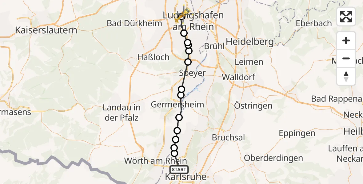 Flugroute Rettungshubschrauber Karlsruhe - Ludwigshafen Accident Hospital, 01 Mai 2026, 13:36