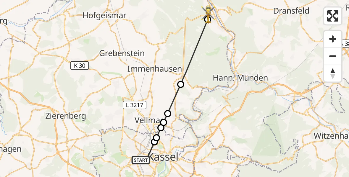 Flugroute Rettungshubschrauber Kassel - Reinhardshagen, 01 Mai 2026, 13:37