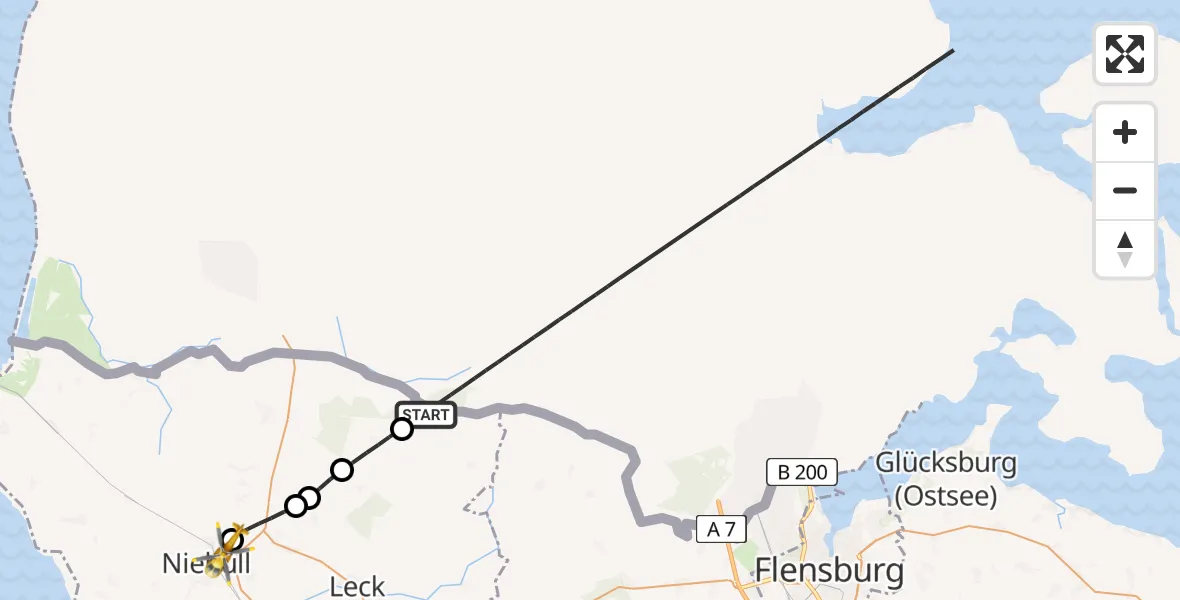 Flugroute Rettungshubschrauber Ladelund - Niebüll, 01 Mai 2026, 13:39