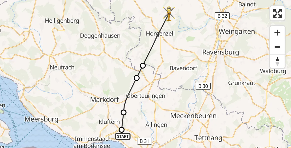Flugroute Rettungshubschrauber Friedrichshafen Hospital - Horgenzell, 01 Mai 2026, 13:46