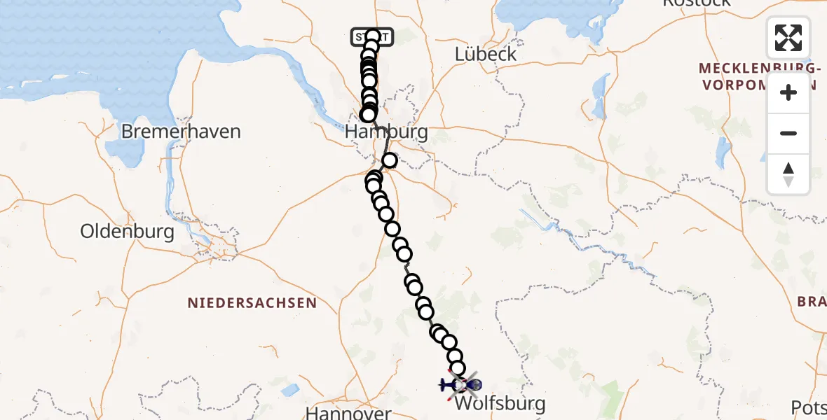 Flugroute Polizeihubschrauber Bad Bramstedt Hubschrauberlandeplatz - Gifhorn Bundespolizei Hubschrauberlandeplatz, 01 Mai 2026, 13:46