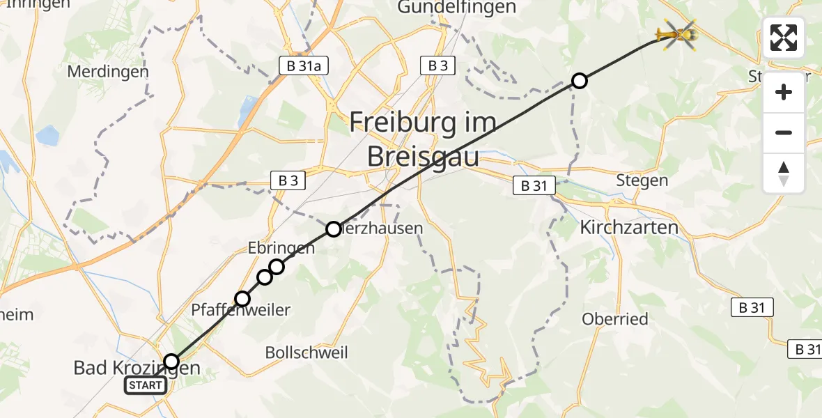 Flugroute Rettungshubschrauber Bad Krozingen - Glottertal, 01 Mai 2026, 13:49