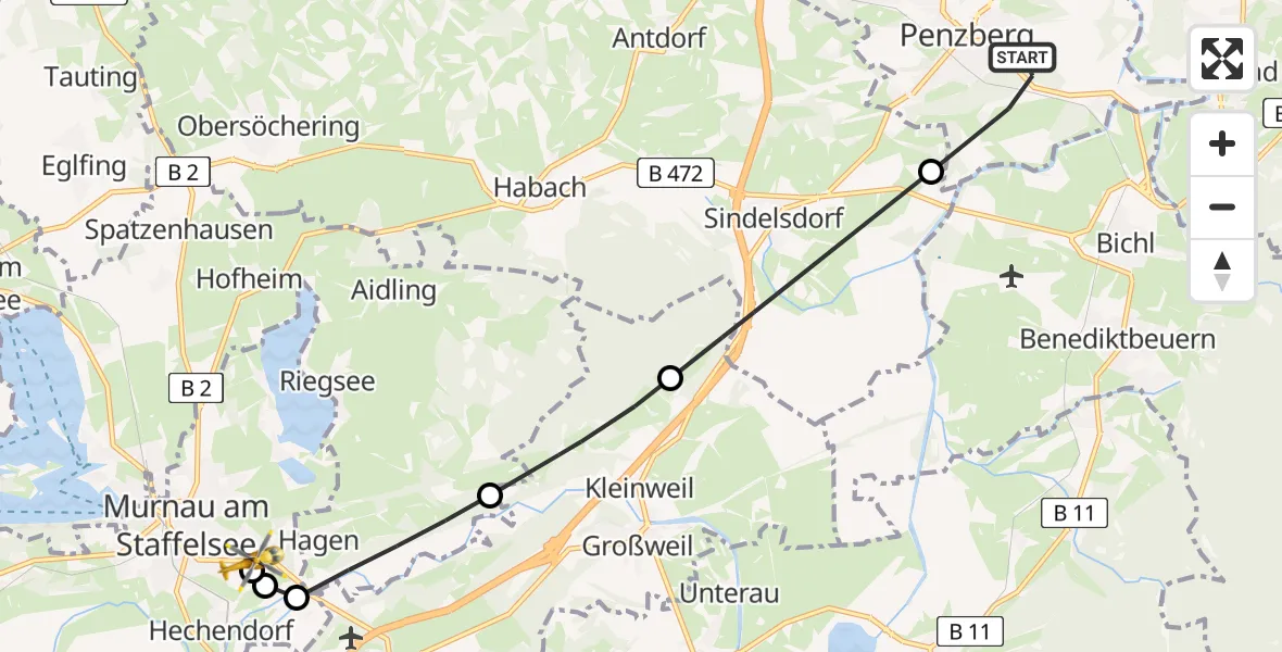 Flugroute Rettungshubschrauber Penzberg - Murnau Accident Hospital, 01 Mai 2026, 13:55