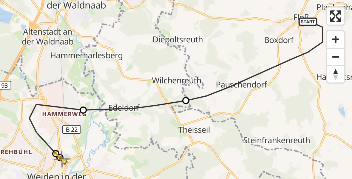 Flugroute Rettungshubschrauber Floß - Weiden Hospital, 01 Mai 2026, 14:01