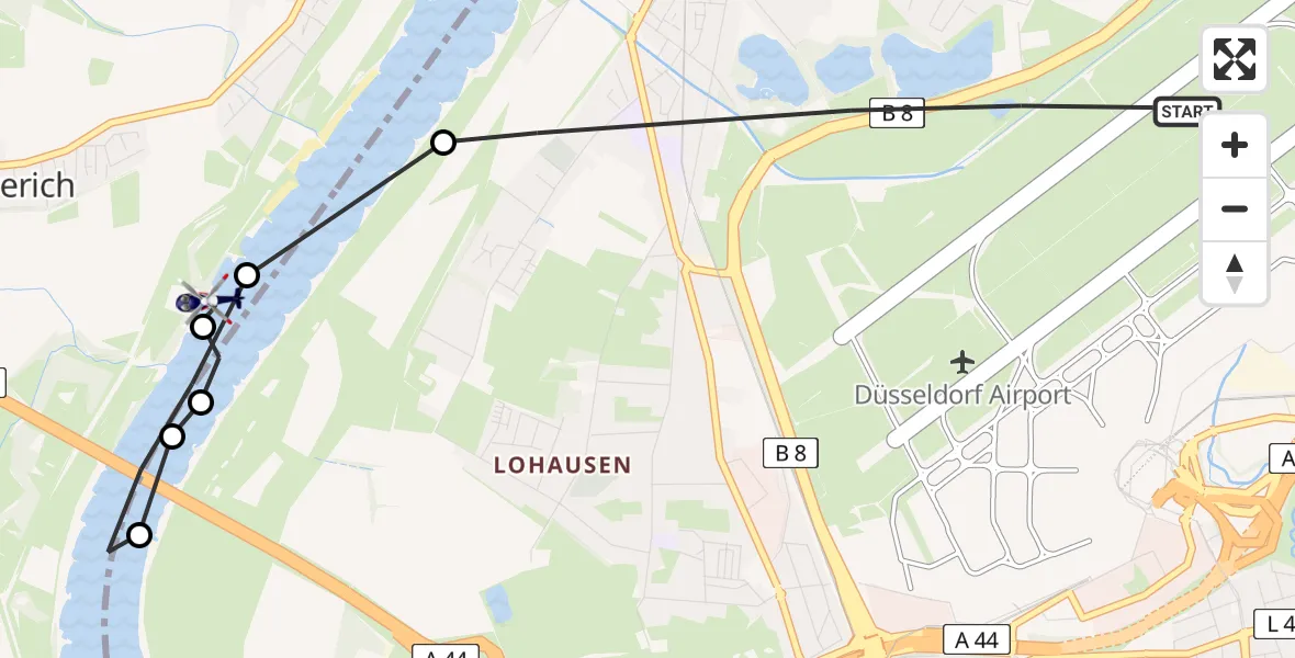 Flugroute Polizeihubschrauber Düsseldorf Flughafen - Meerbusch, 01 Mai 2026, 14:04