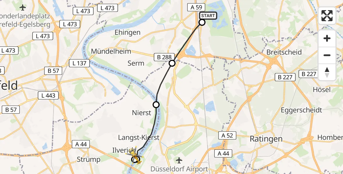 Flugroute Rettungshubschrauber Duisburg Air Rescue Hubschrauberlandeplatz (Christoph 9) - Meerbusch, 01 Mai 2026, 14:05