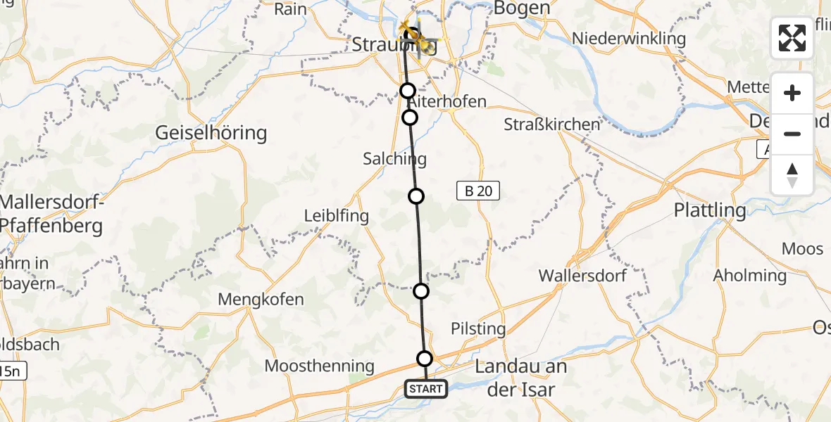 Flugroute Rettungshubschrauber Mamming - Sankt Elisabeth Hospital Straubing, 01 Mai 2026, 14:06