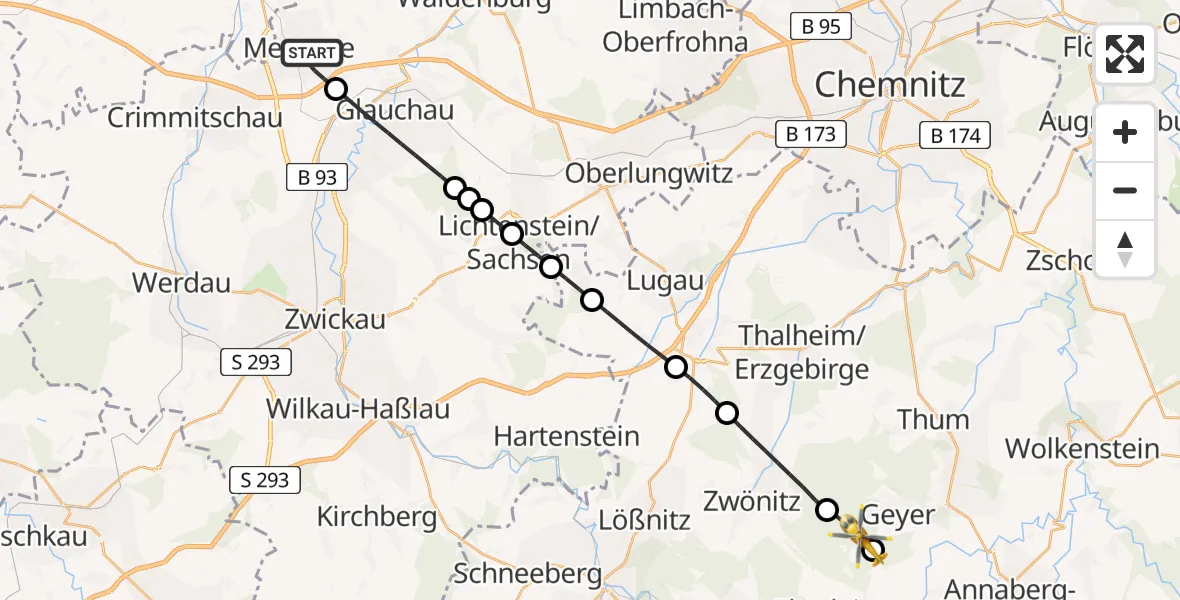 Flugroute Rettungshubschrauber Meerane - Geyer, 01 Mai 2026, 14:08