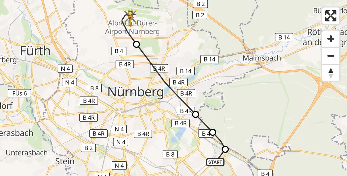 Flugroute Rettungshubschrauber Nürnberg South Hospital - Flughafen Nuremberg, 01 Mai 2026, 14:12