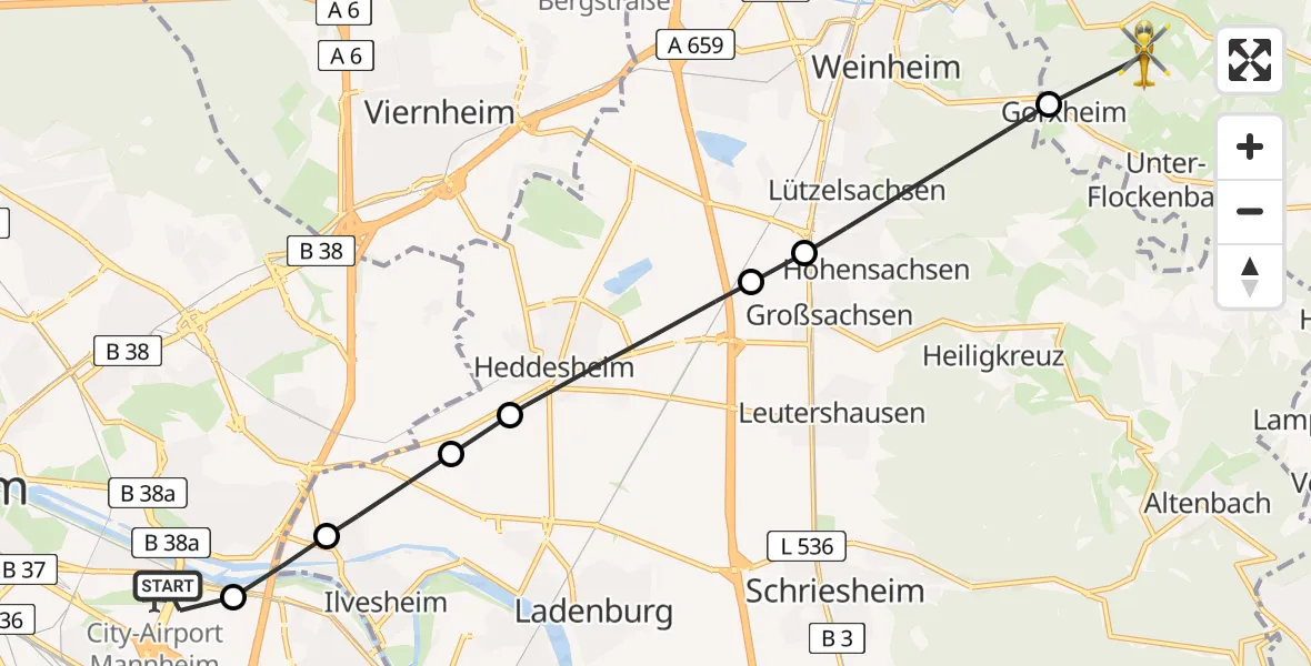 Flugroute Rettungshubschrauber Mannheim-City Flughafen - Birkenau, 01 Mai 2026, 14:15