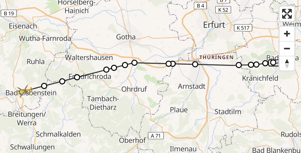 Flugroute Ambulanzhubschrauber DRF Rettungsstation Bad Berka Hubschrauberlandeplatz - Bad Liebenstein, 01 Mai 2026, 14:17