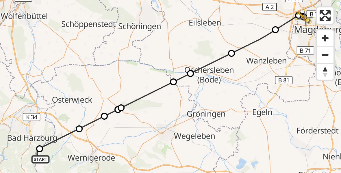 Flugroute Rettungshubschrauber Ilsenburg (Harz) - Magdeburg Hospital, 01 Mai 2026, 14:19