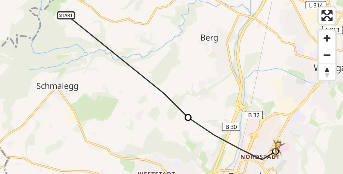 Flugroute Rettungshubschrauber Berg - Sankt Elisabeth Hospital, 01 Mai 2026, 14:23