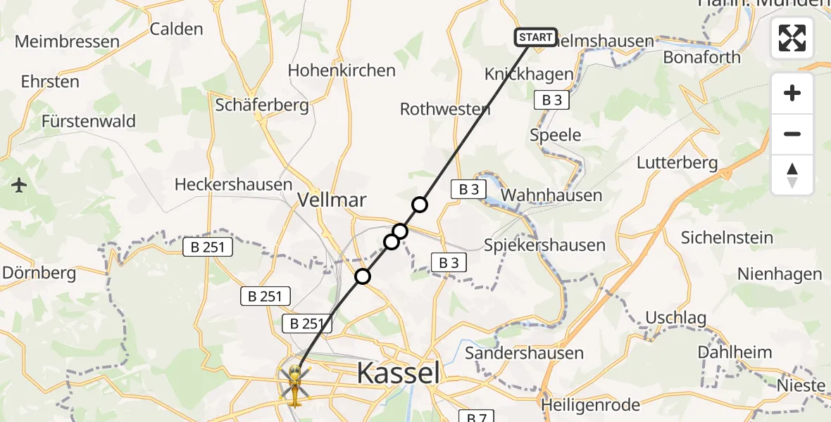 Flugroute Rettungshubschrauber Fuldatal - Kassel, 01 Mai 2026, 14:23