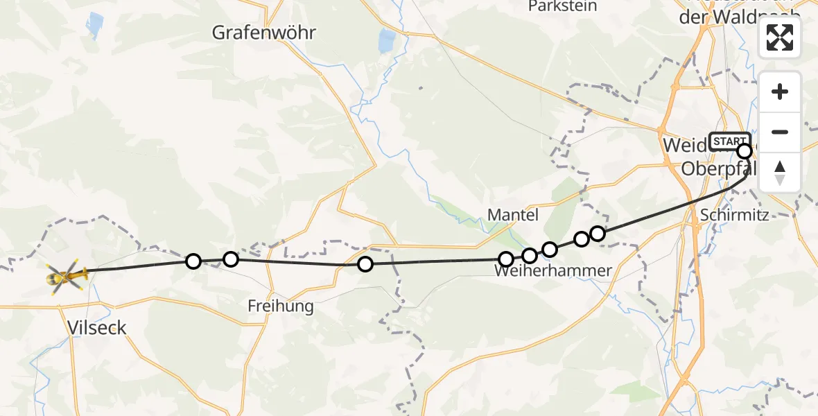 Flugroute Rettungshubschrauber Weiden Hospital - Vilseck, 01 Mai 2026, 14:27