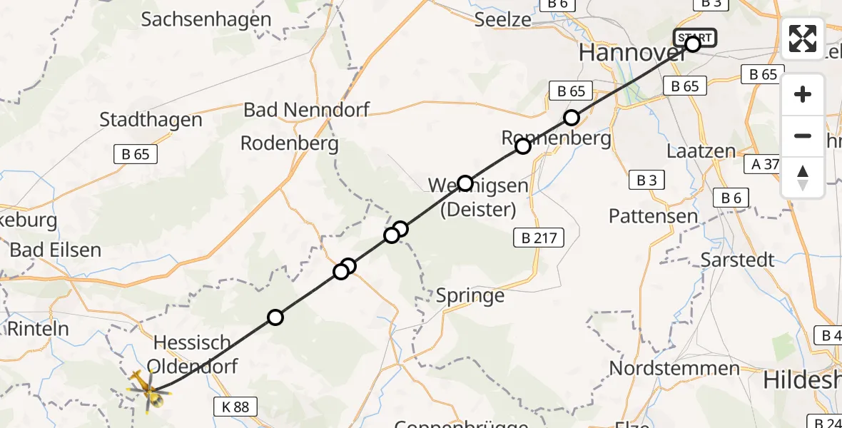 Flugroute Rettungshubschrauber Hannover Luftrettung Hubschrauberlandeplatz (Christoph 4) - Hessisch Oldendorf, 01 Mai 2026, 14:36