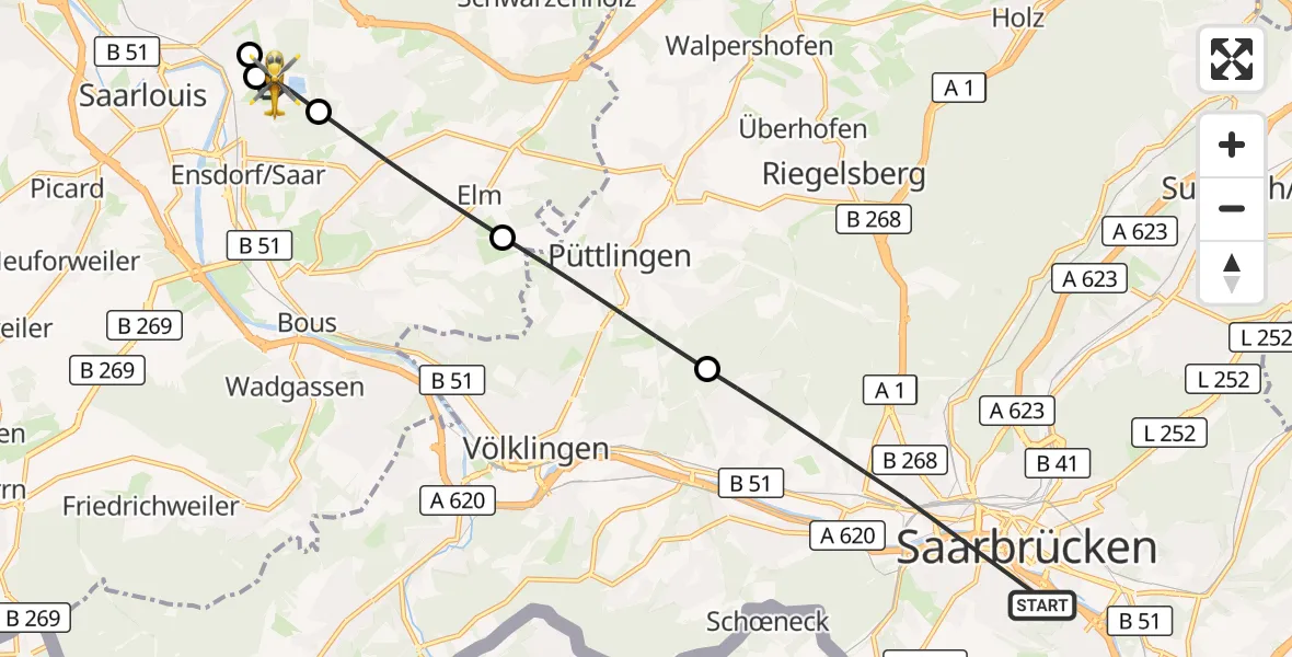 Flugroute Rettungshubschrauber Saarbrücken - Ensdorf, 01 Mai 2026, 14:36