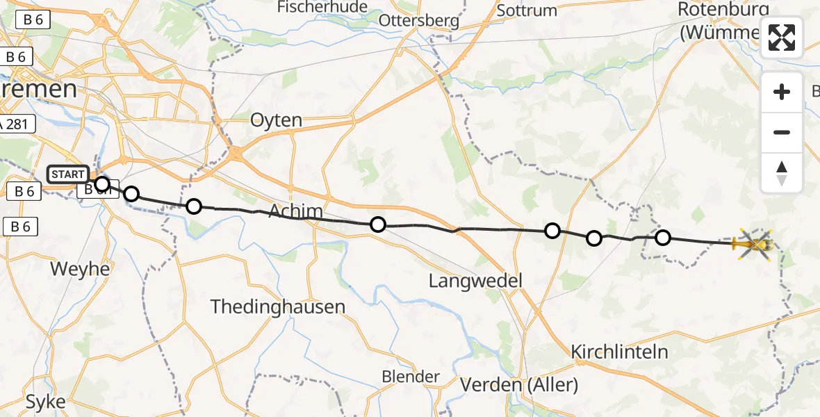 Flugroute Rettungshubschrauber Bremen - Kirchlinteln, 01 Mai 2026, 14:37