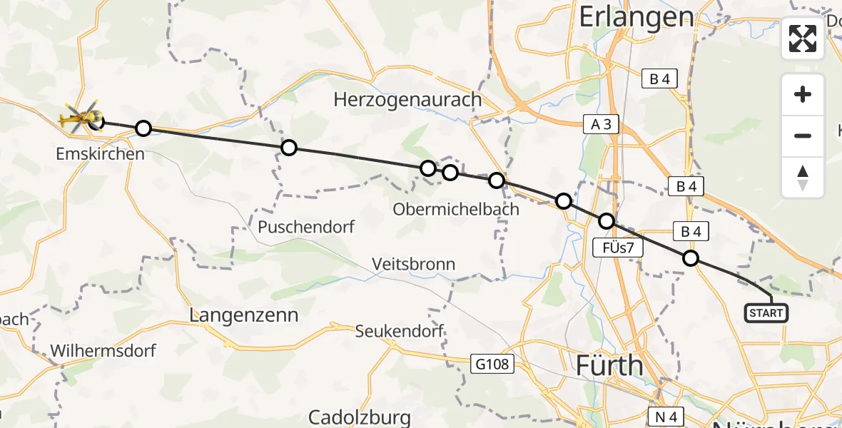 Flugroute Rettungshubschrauber Flughafen Nuremberg - Emskirchen, 01 Mai 2026, 14:41