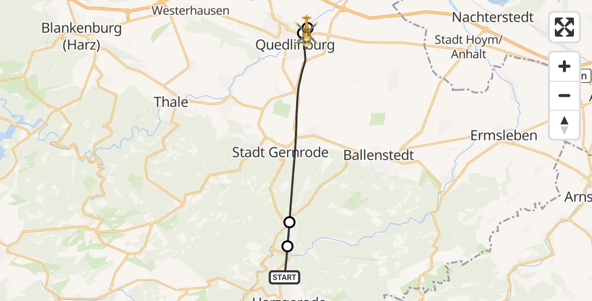 Flugroute Rettungshubschrauber Harzgerode - Harz Hospital Quedlinburg, 01 Mai 2026, 14:48