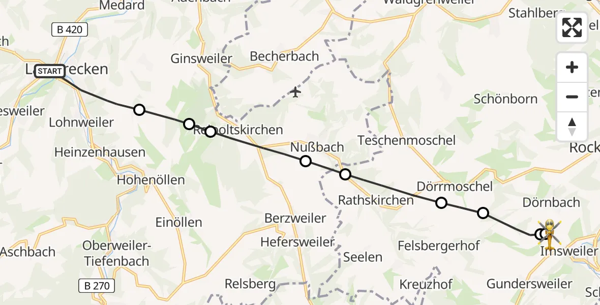 Flugroute Rettungshubschrauber Lauterecken - Imsweiler UL, 01 Mai 2026, 14:49