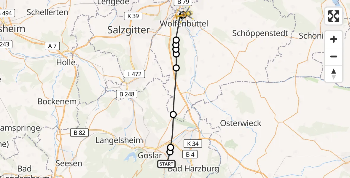 Flugroute Rettungshubschrauber Goslar - Wolfenbüttel Municipal Hospital Heliport (Christoph 30), 01 Mai 2026, 14:50