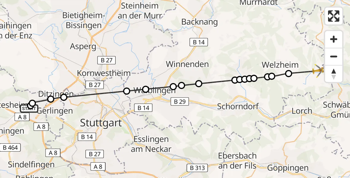 Flugroute Rettungshubschrauber Leonberg Hospital - Alfdorf, 01 Mai 2026, 14:55