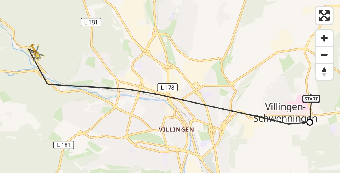 Flugroute Ambulanzhubschrauber DRF Air Rescue Station Villingen-Schwenningen Hubschrauberlandeplatz (Christoph 11) - Villingen-Schwenningen, 01 Mai 2026, 14:58